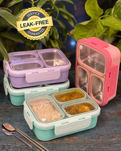 3 Compartment Delicious Lite Stainless Steel Lunch Box (100% Leak Proof)