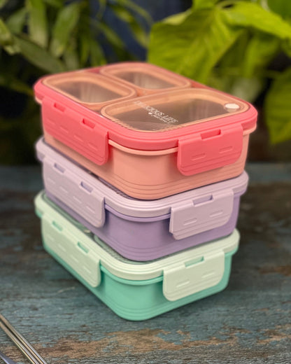 3 Compartment Delicious Lite Stainless Steel Lunch Box (100% Leak Proof)