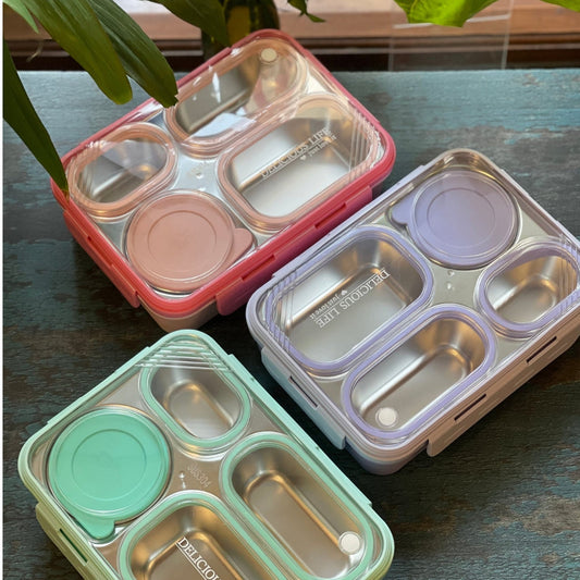 4 Compartment Delicious Lite Stainless Steel Lunch Box (100% Leak Proof)