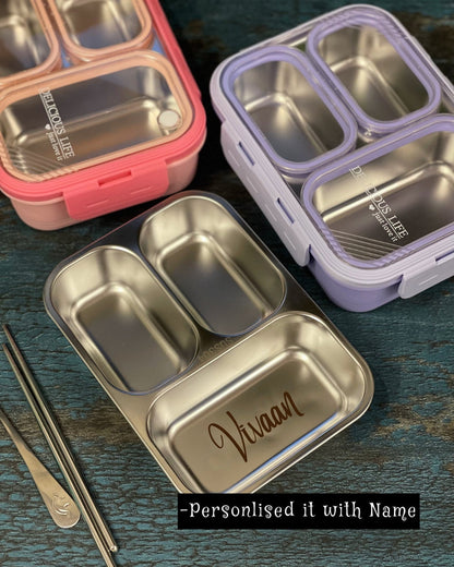 3 Compartment Delicious Lite Stainless Steel Lunch Box (100% Leak Proof)