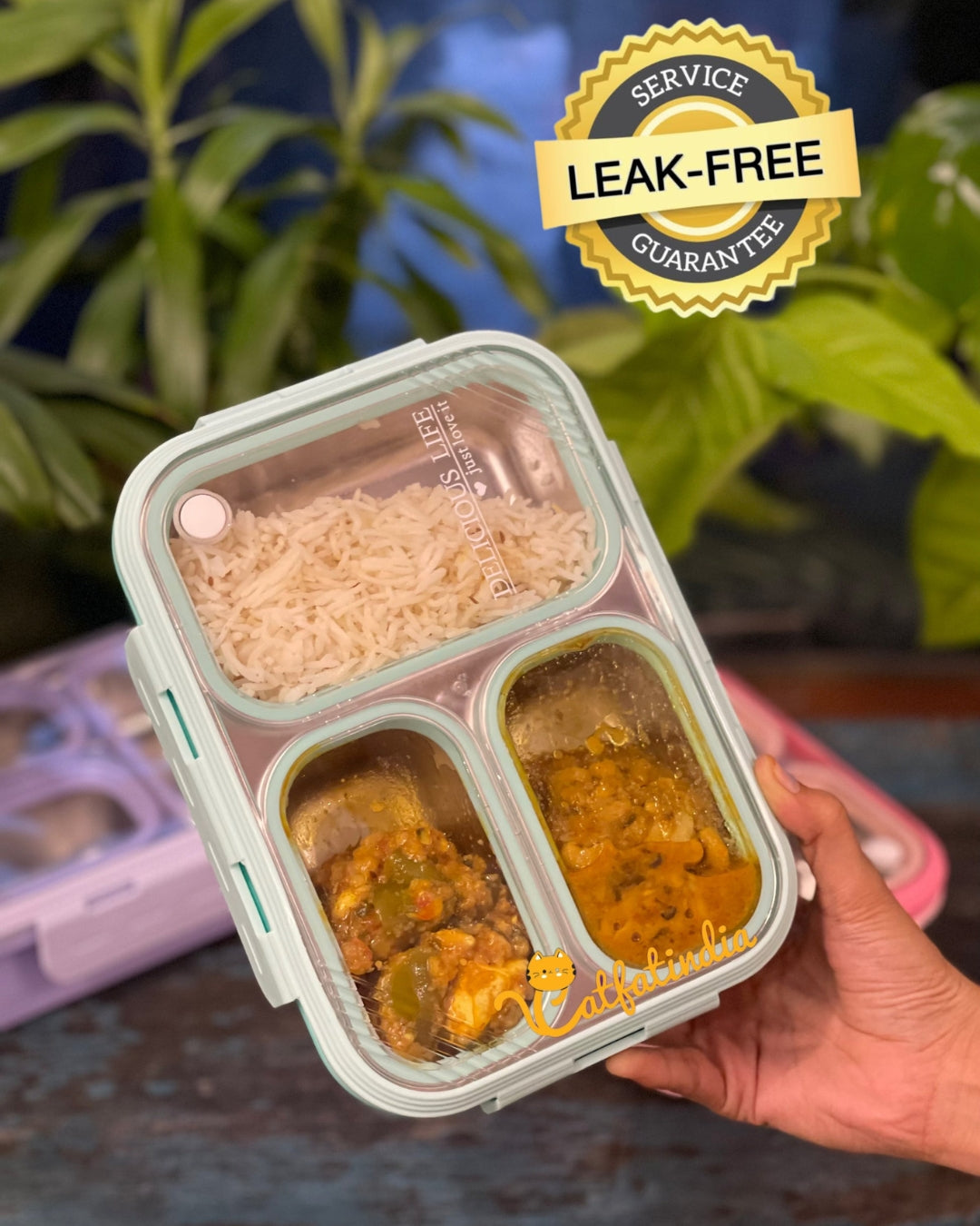 3 Compartment Delicious Lite Stainless Steel Lunch Box (100% Leak Proof)